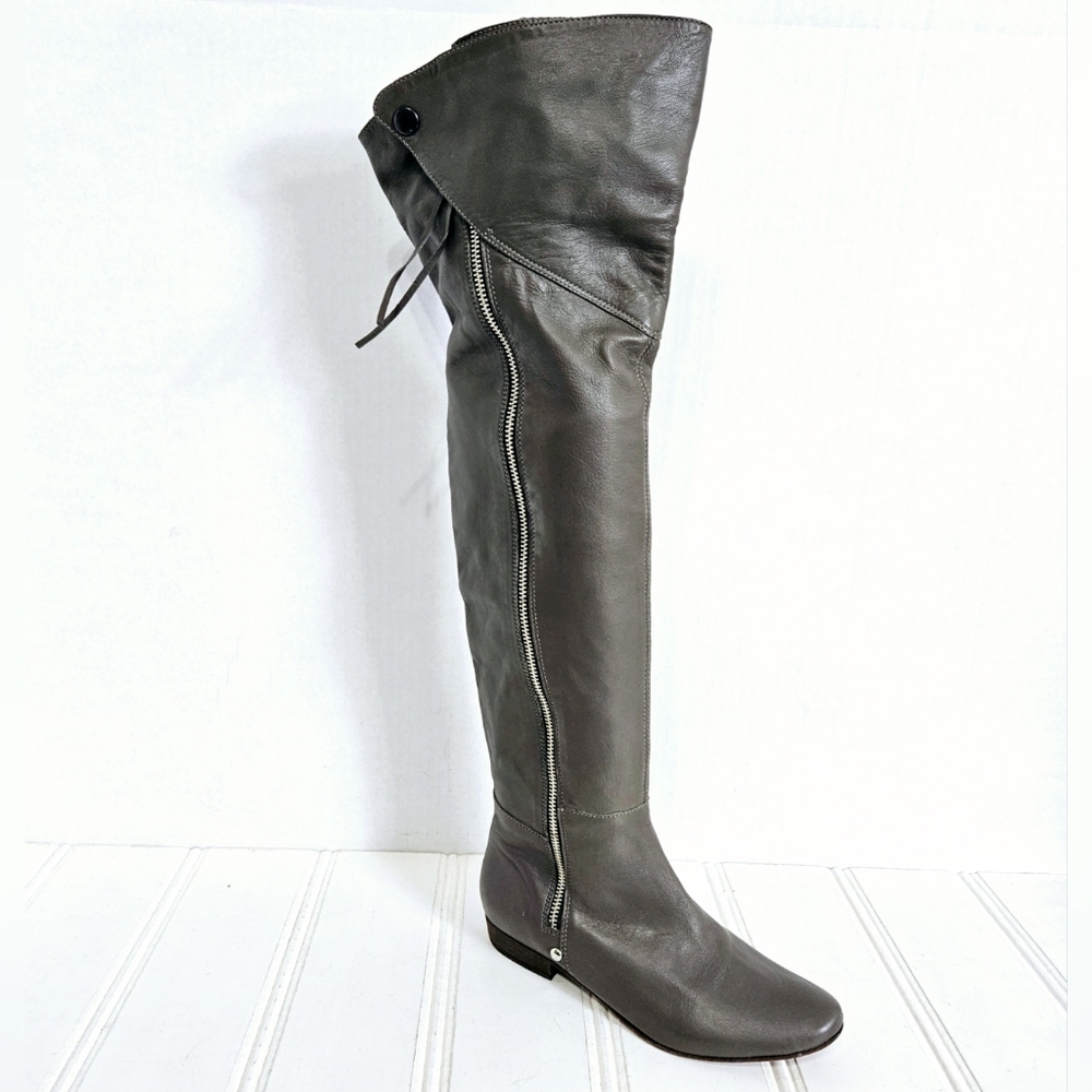 Joie Caravan Over Knee Leather Boots EU 36 US 6 Flat Slouchy Tie Back Smoky Gray